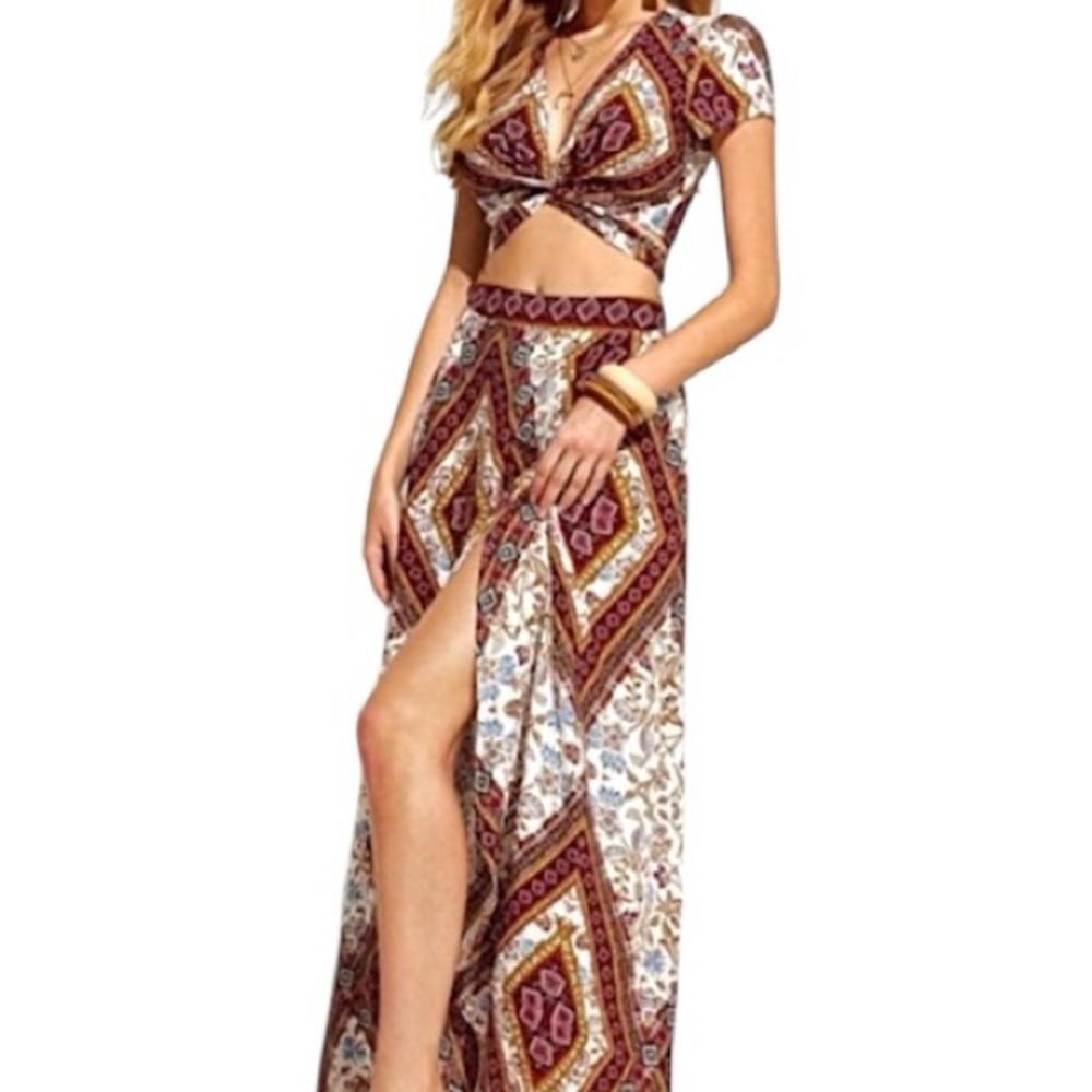Bohemian 2 Piece Set Floral Maxi Skirt + Wrap Crop Top M